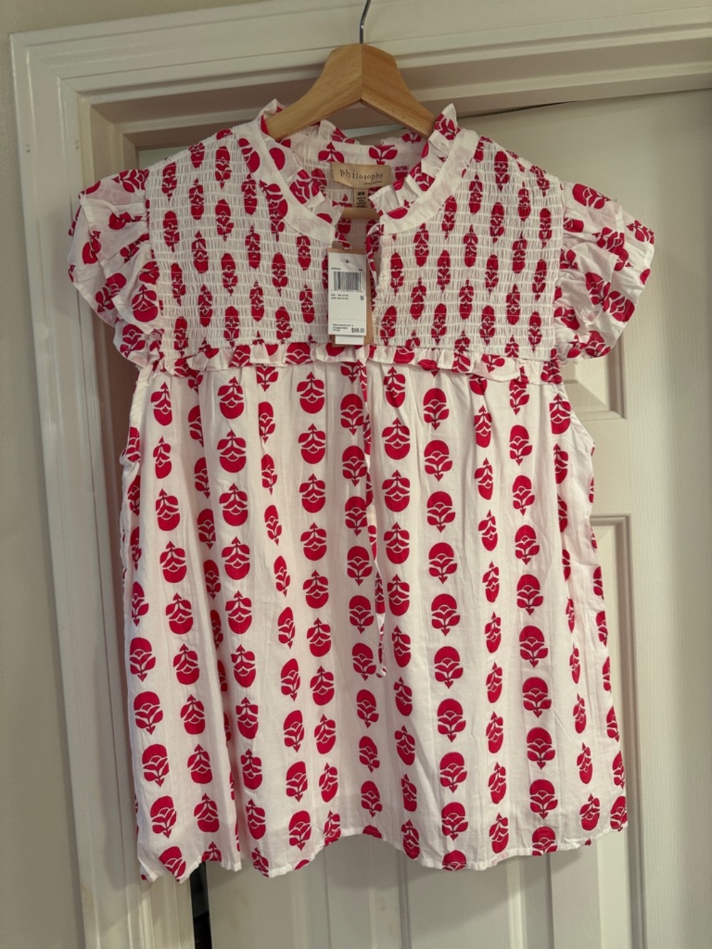 Philosophy White blouse with Red Floral Print and Smocked Yoke